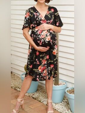 Angel Maternity Black Floral Wrap Maternity Dress. Size XL